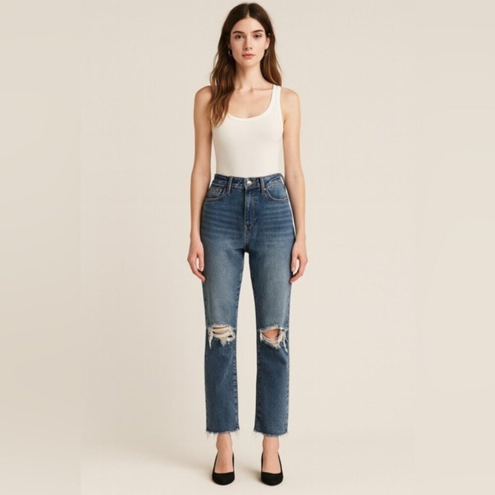RSQ High Rise Straight Leg Distressed Raw Hem Jeans Size 27